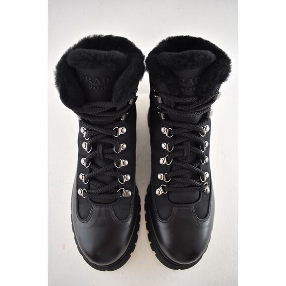 Prada Brixxen 38 Black Shearling Leather Nylon Lug Sole Lace Up Hiking Boot 40.5 - Picture 12 of 16